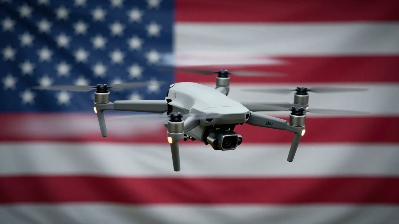 DJI drone flying near American flag