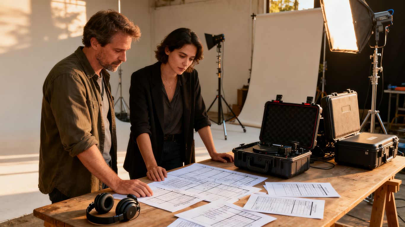 Film crew planning a production schedule on location