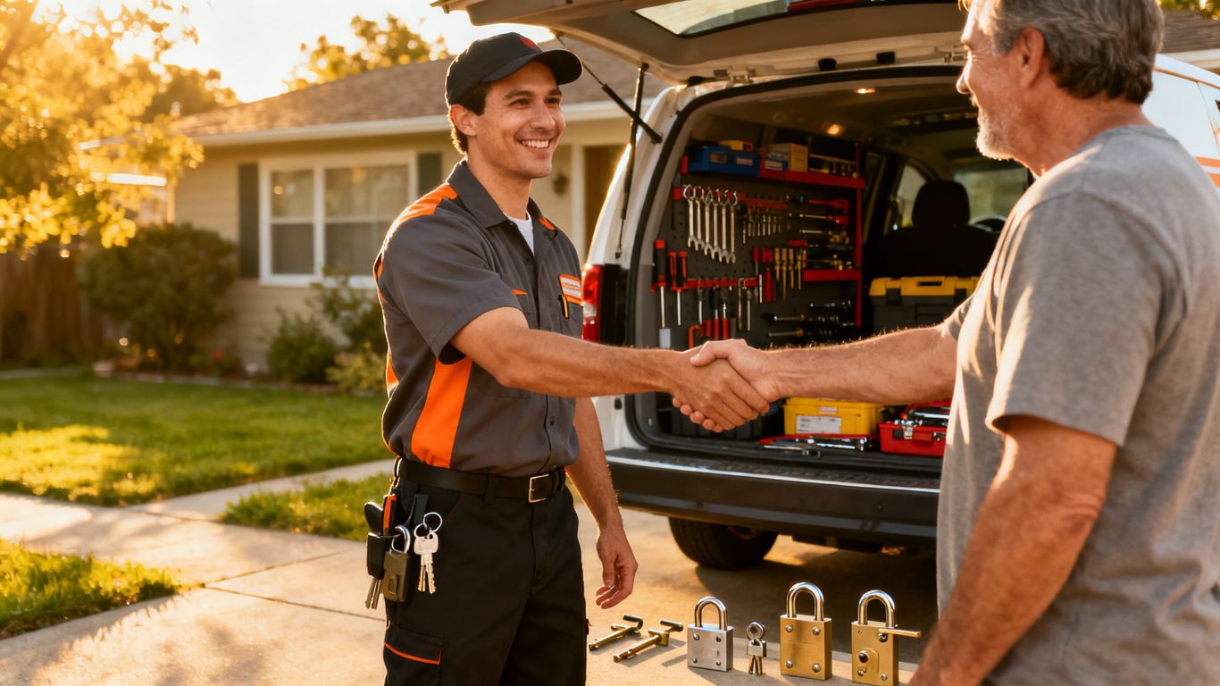 Locksmith technician greeting customer beside service vehicle