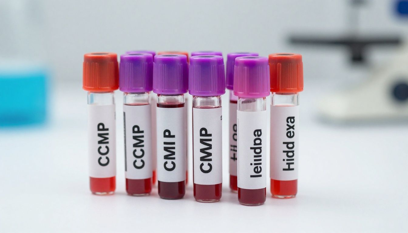 Alt: Labeled blood vials for CBC, CMP, and lipid panel