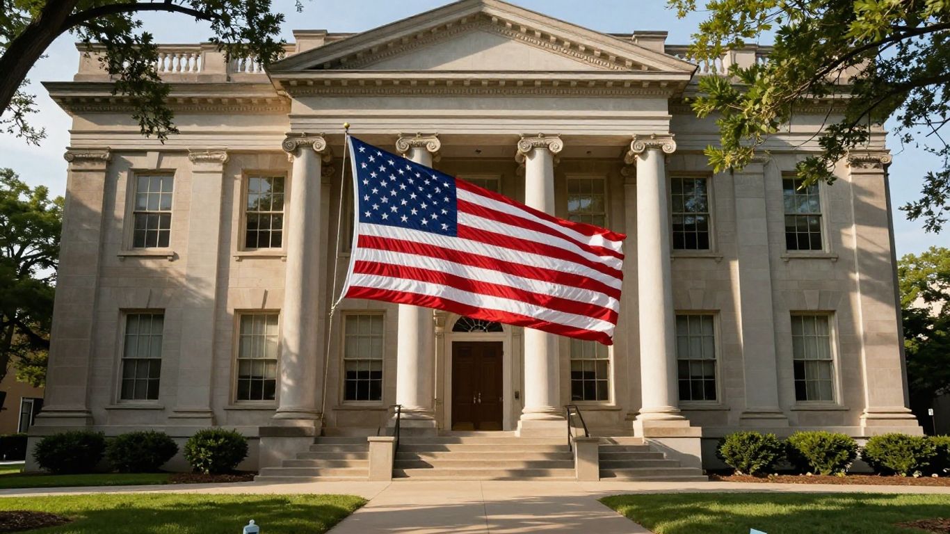 County courthouse with American flag