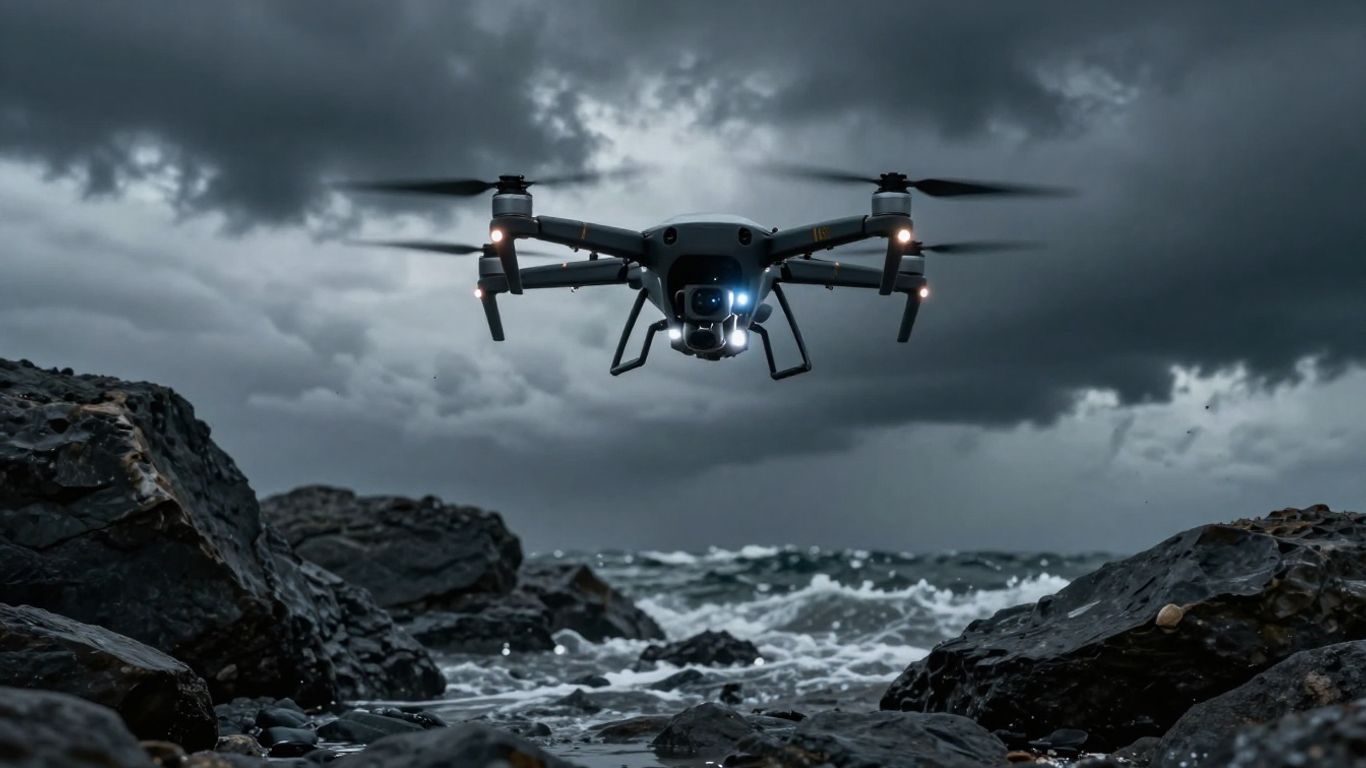 Professional drone flying in stormy weather over rocks.