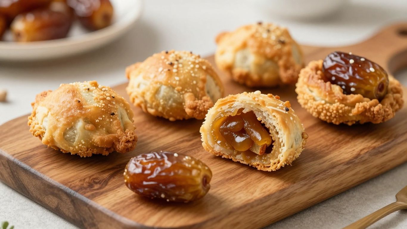 Fried and baked Imqaret pastries with date filling