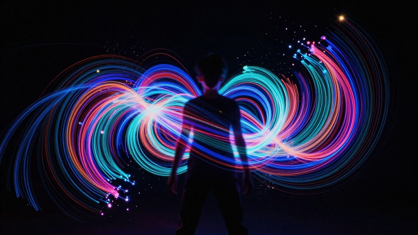 Abstract colorful light trails around a silhouetted figure.