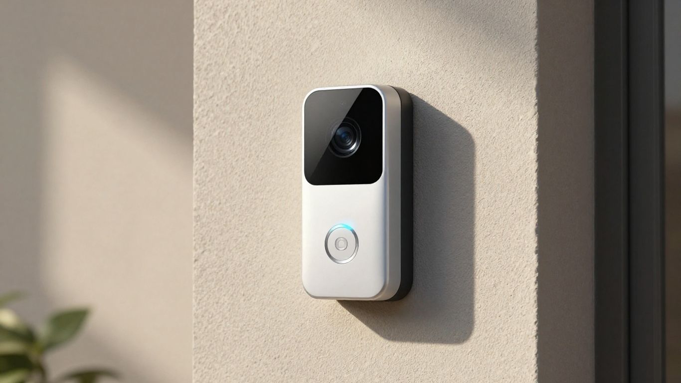 Smart doorbell mounted on a wall, no subscription needed.