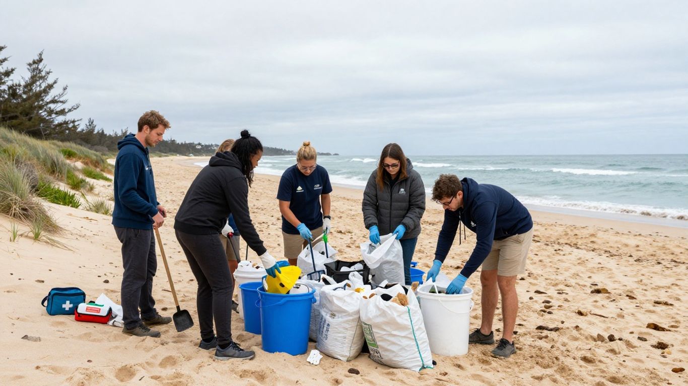 Volunteers sorting beach litter beside reusable buckets