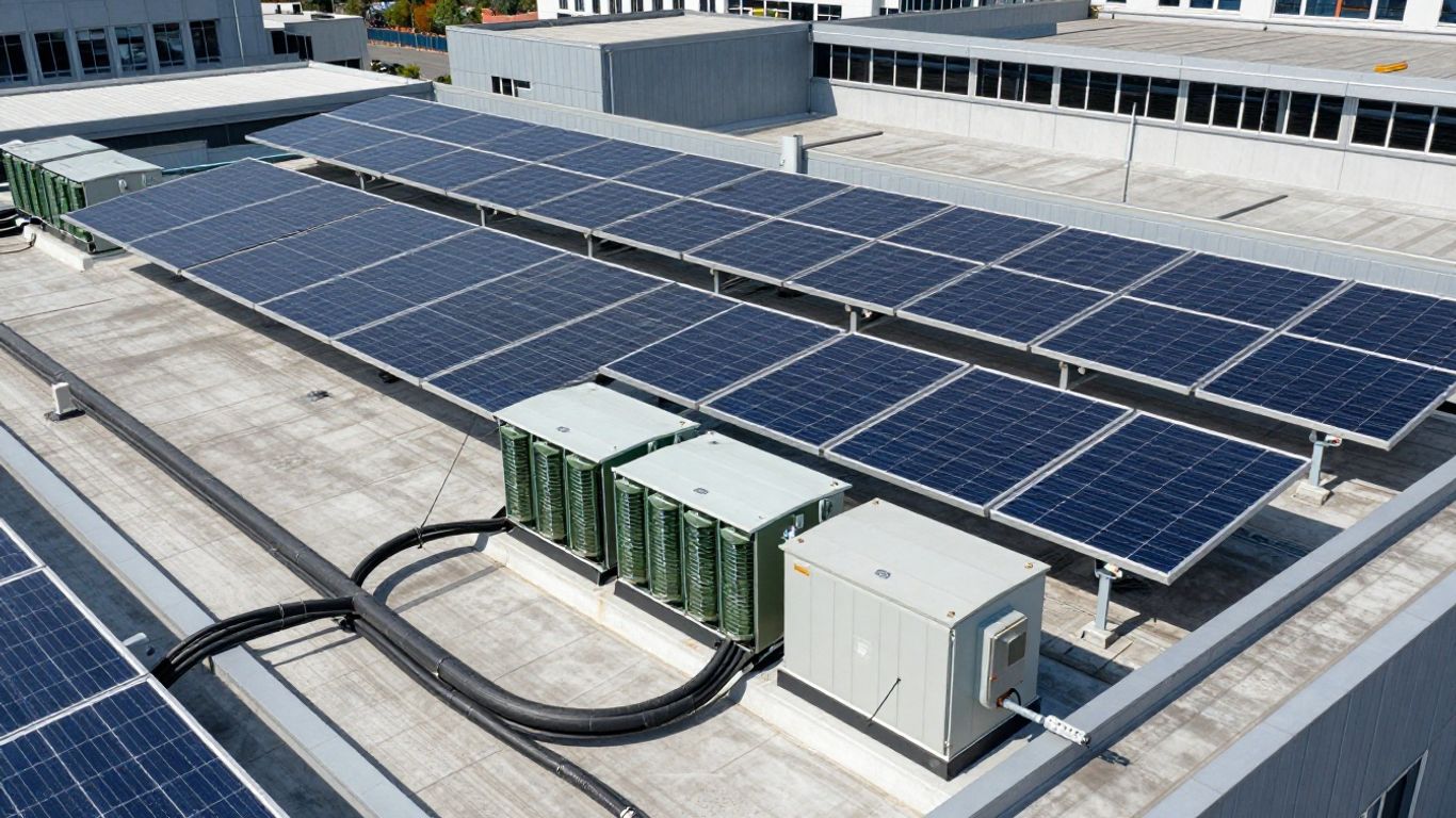 Business microgrid with solar panels and battery storage on a rooftop.