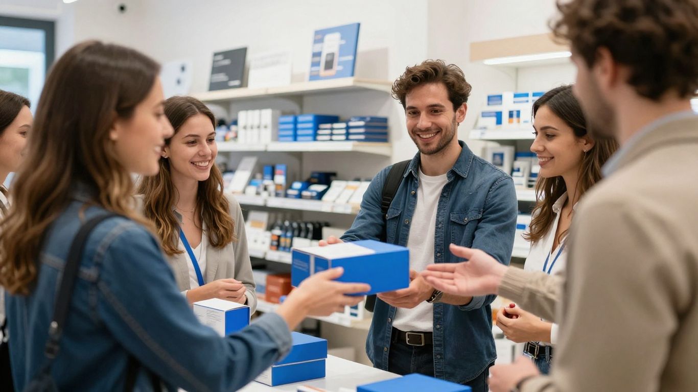 Einzelhandelsmitarbeiter helfen Kunden in einem modernen Geschäft.
