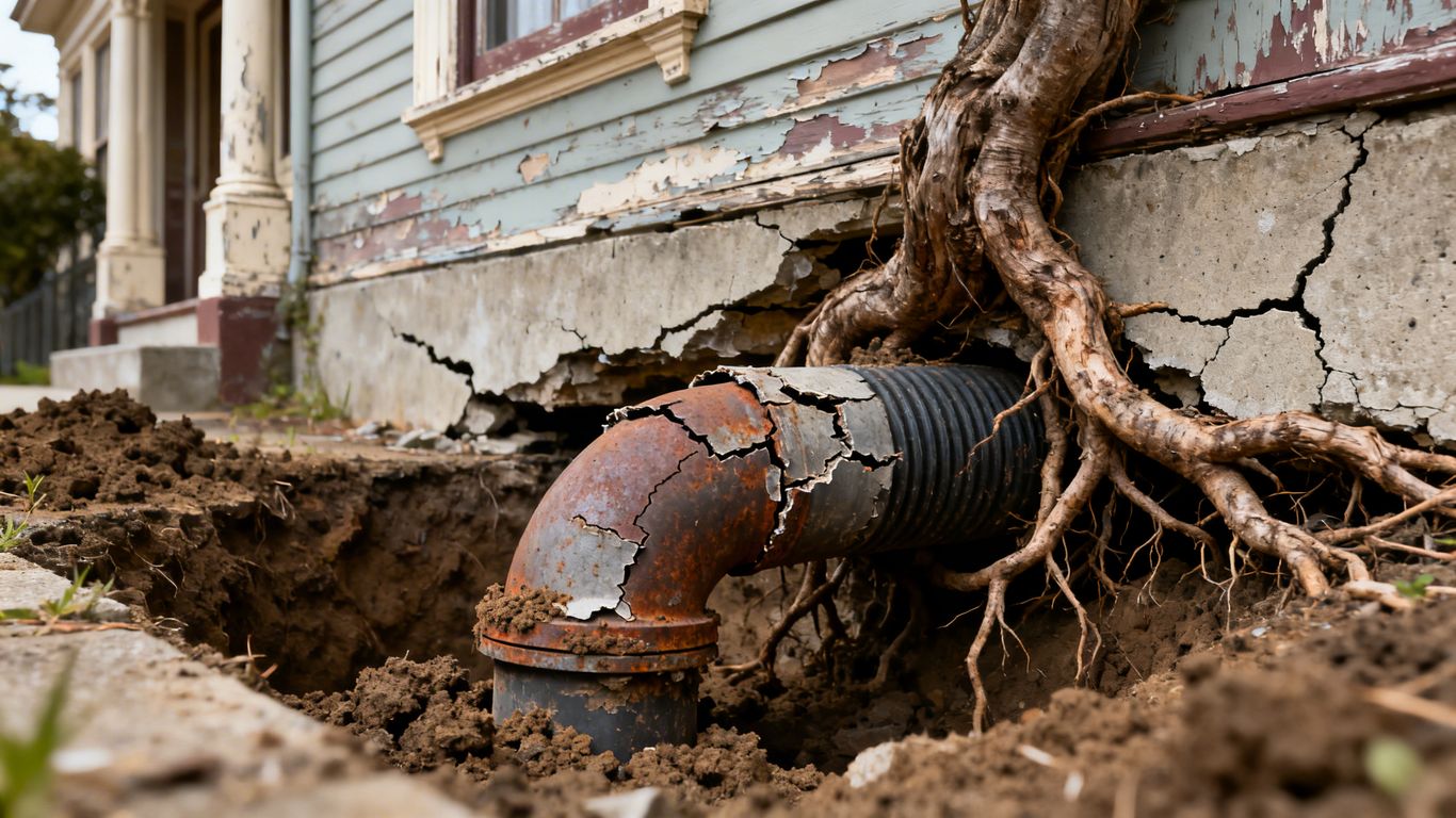 Cracked sewer pipe near old house foundation