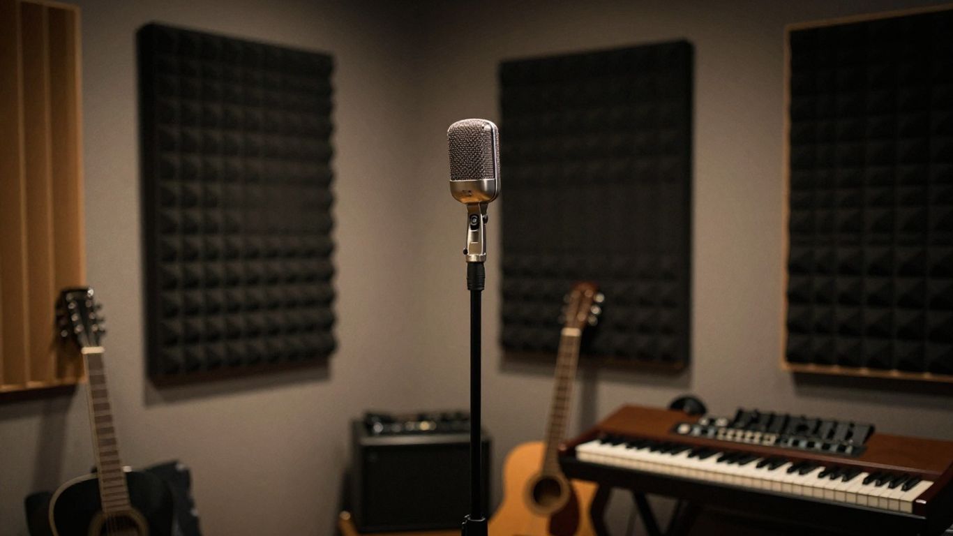 Recording studio with microphone and instruments.