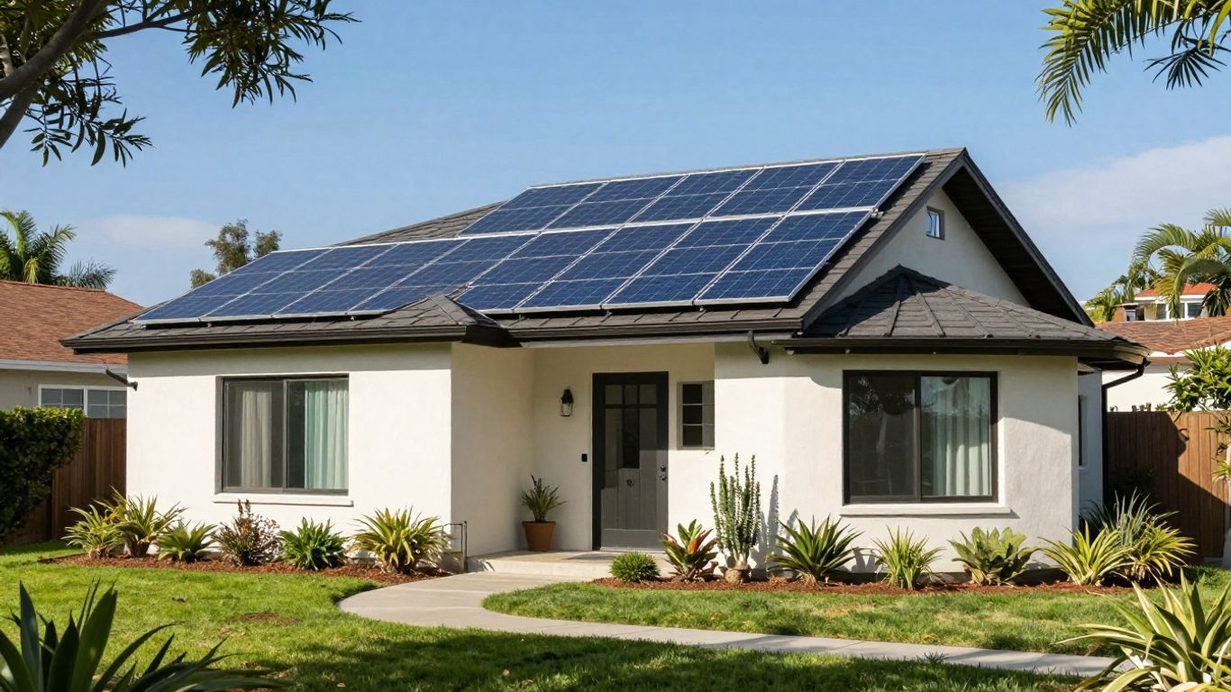 Southern California home with solar panels under a blue sky.