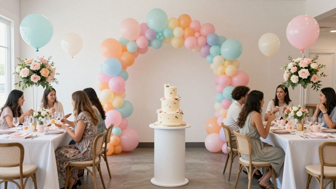 Elegant Dallas baby shower venue with balloons and flowers.