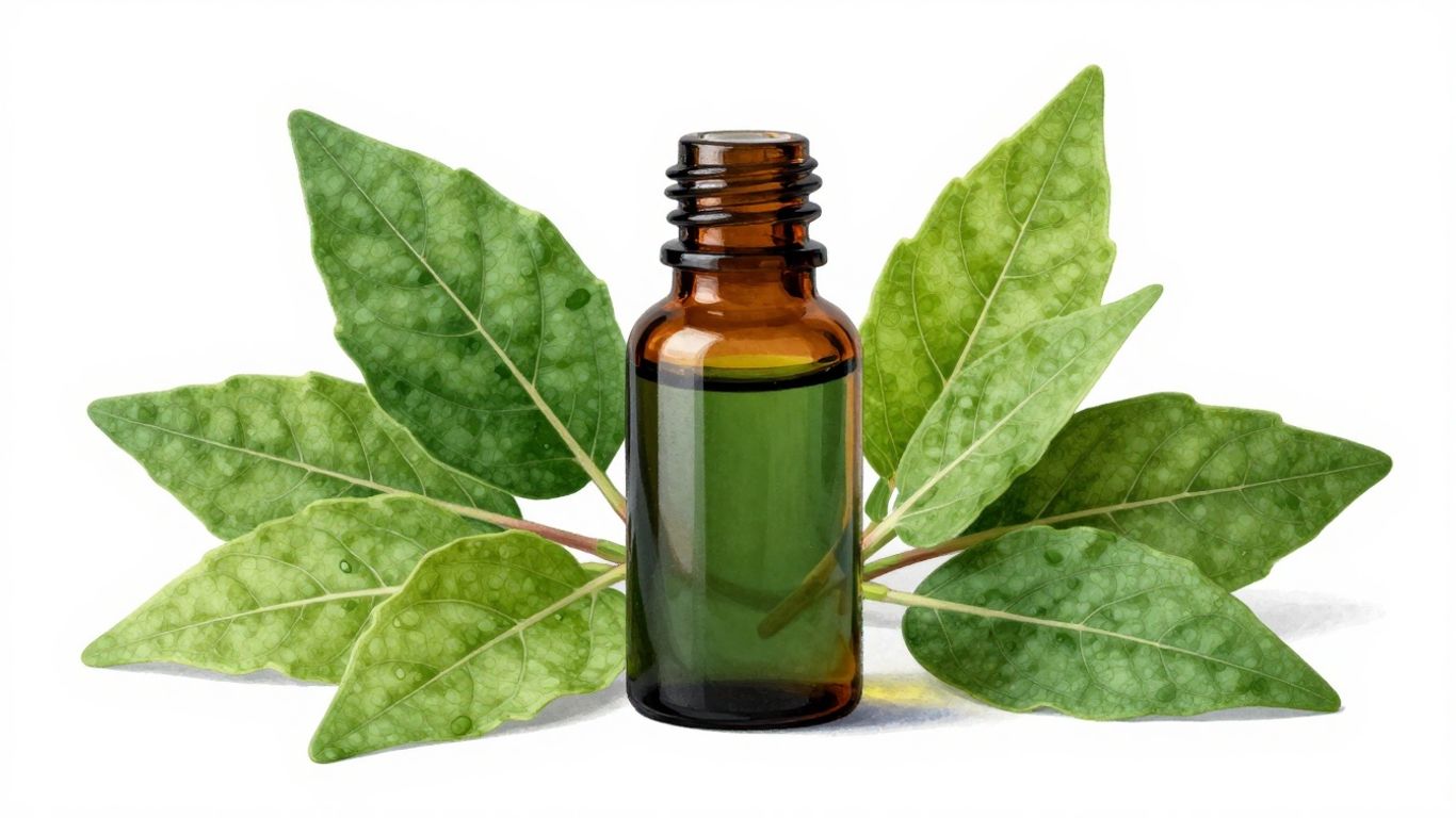 HS Code for Patchouli Oil and Import Regulations 1 Patchouli oil in a bottle with fresh leaves.