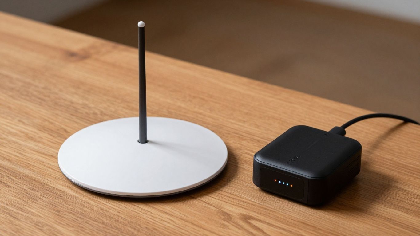 Starlink Mini dish and power bank on a table.