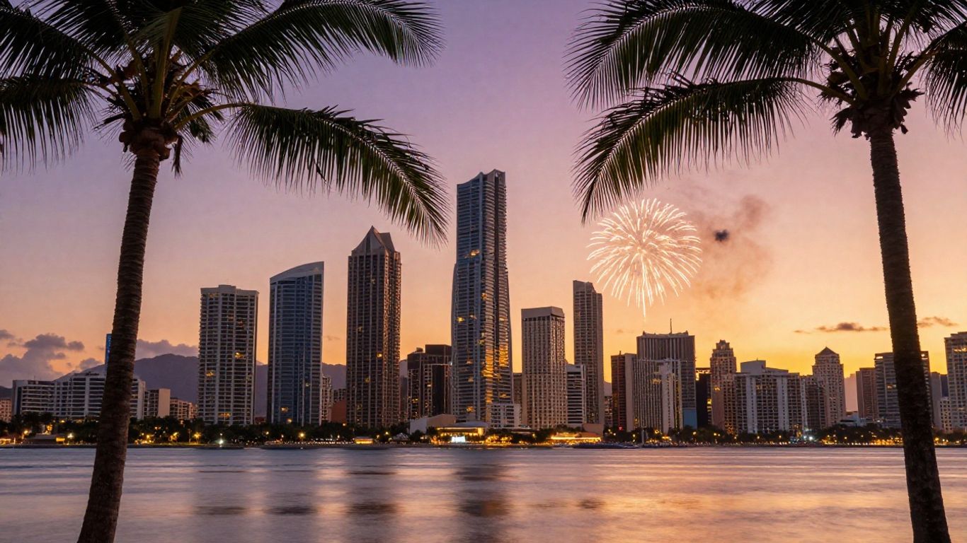 Gold Coast skyline at sunset with fireworks.