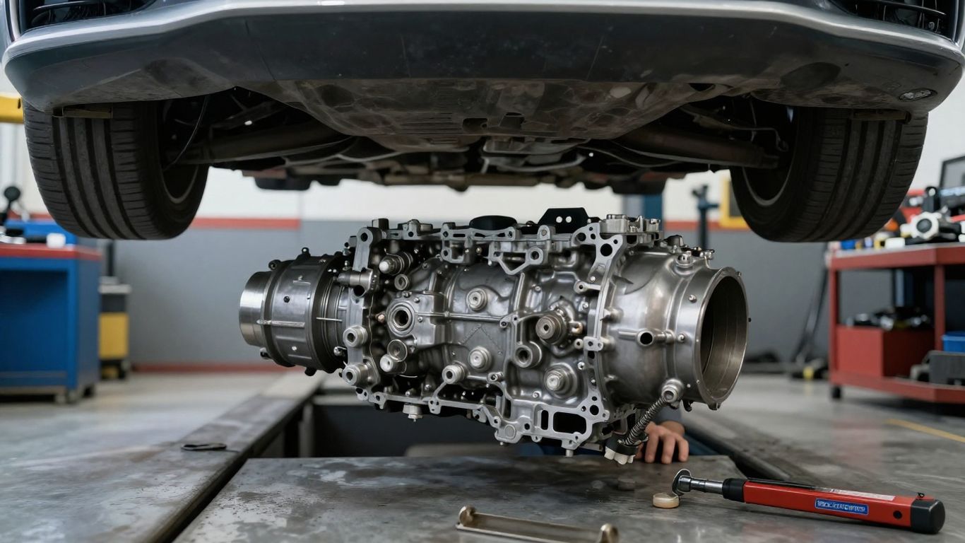 Audi transmission installation in professional workshop