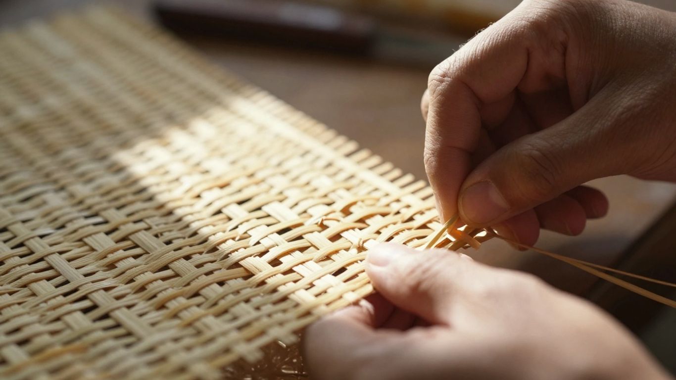 Hands weaving natural wicker material for a project.