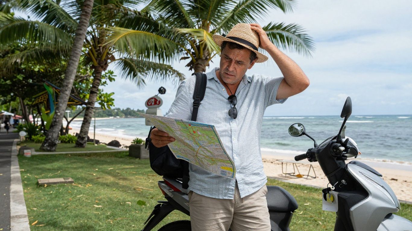 Russian tourist in Bali looking at scooter rental map.