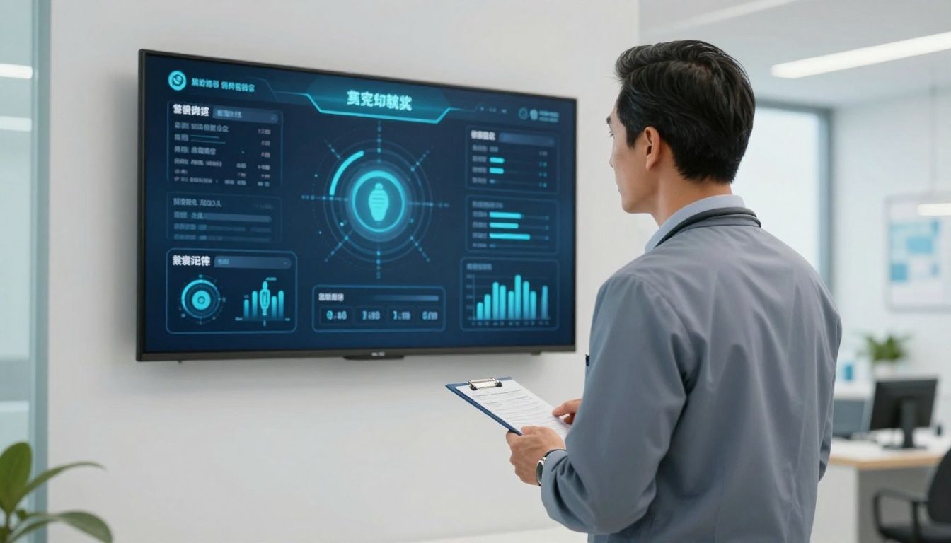 A professional, confident man in his 40s standing in an upscale clinic environment, looking at a digital health dashboard on a screen, shot in natural daylight.