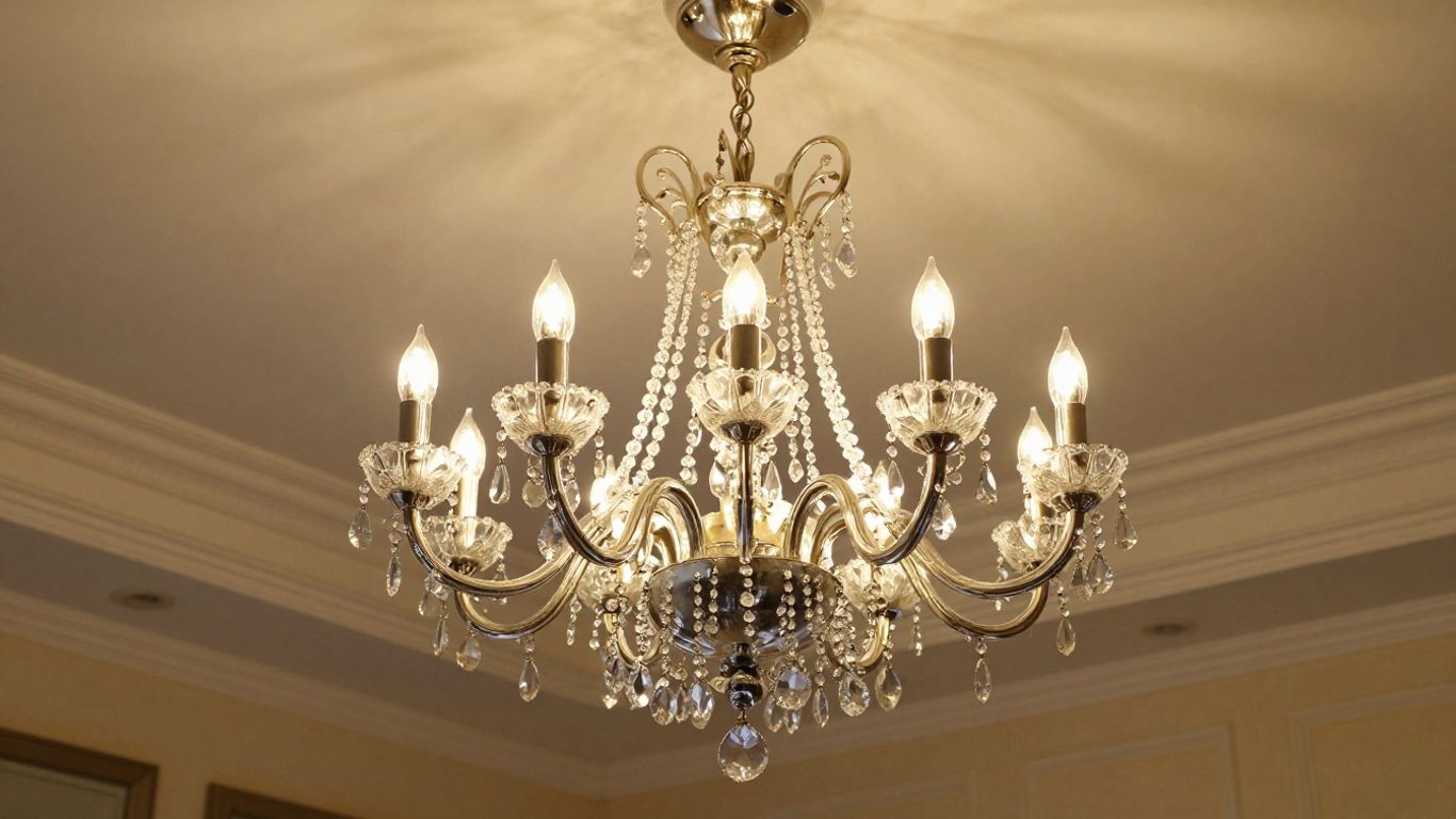 Elegant 6-light chandelier with crystals and metal arms.