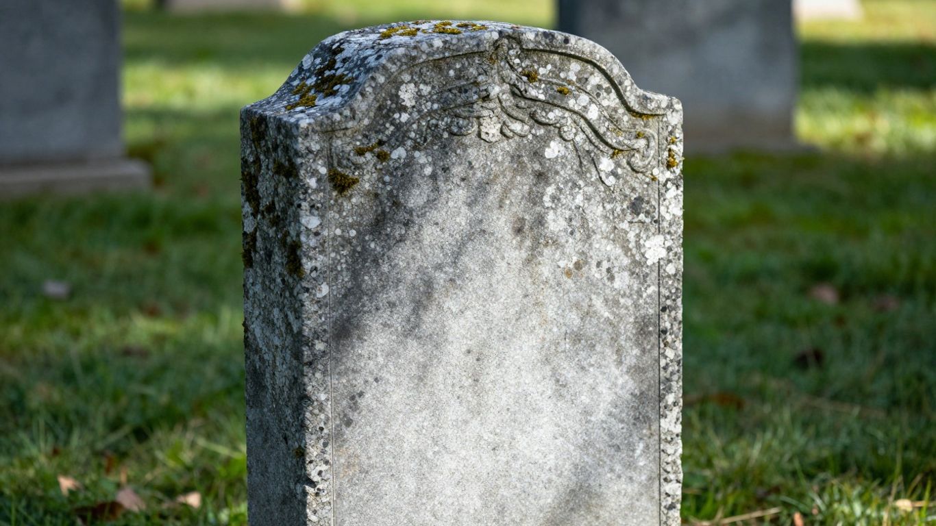 Close-up of a moss-covered granite headstone in a cemetery.