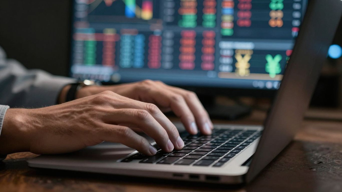 Forex trading on a laptop with financial charts.