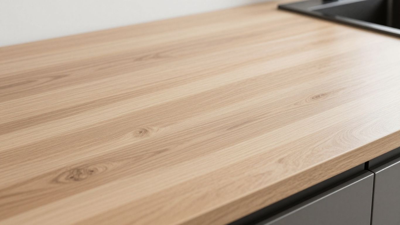 Stylish laminate kitchen worktop with wood grain texture.
