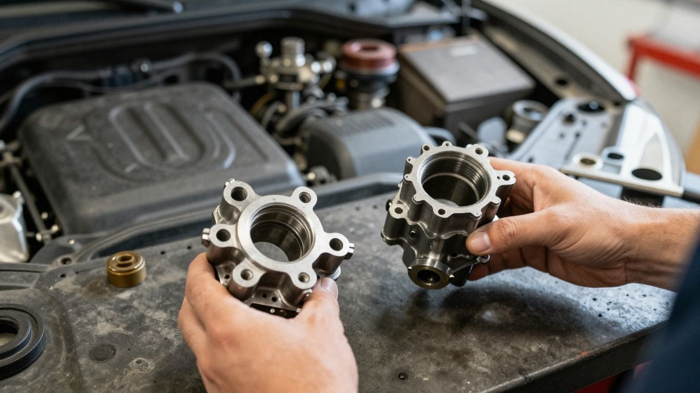 Technician comparing engine components on a workbench