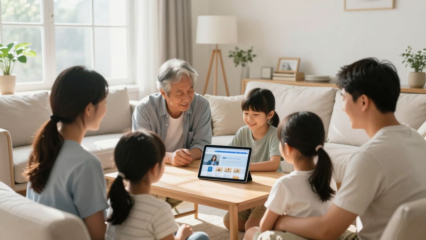 Familia feliz en sala de estar con seguro de hogar.