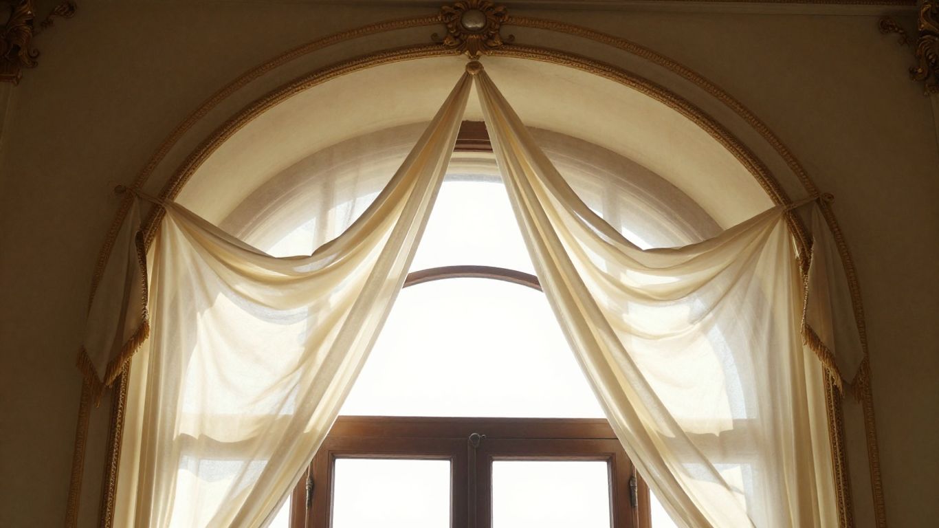 Elegant arched window with decorative valances and trim.