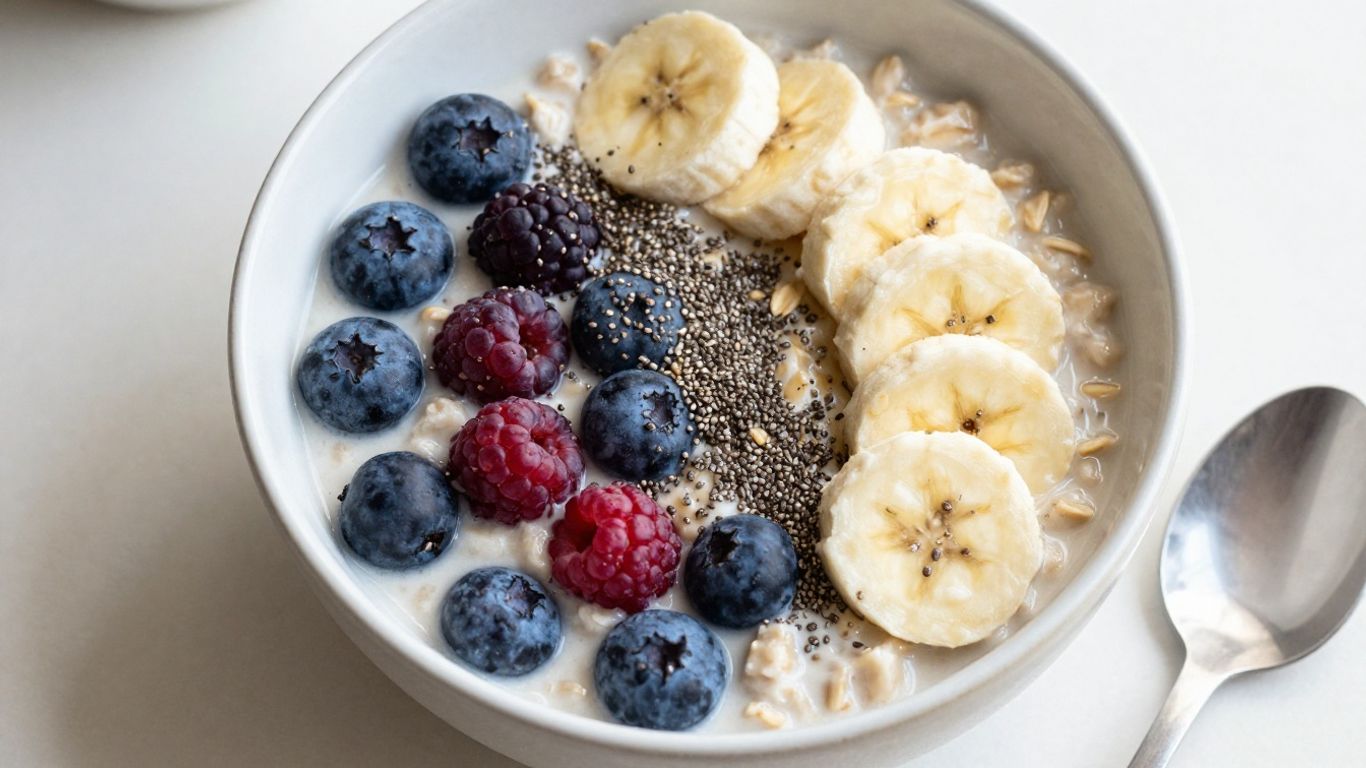 Healthy oat breakfast bowl with berries and banana.