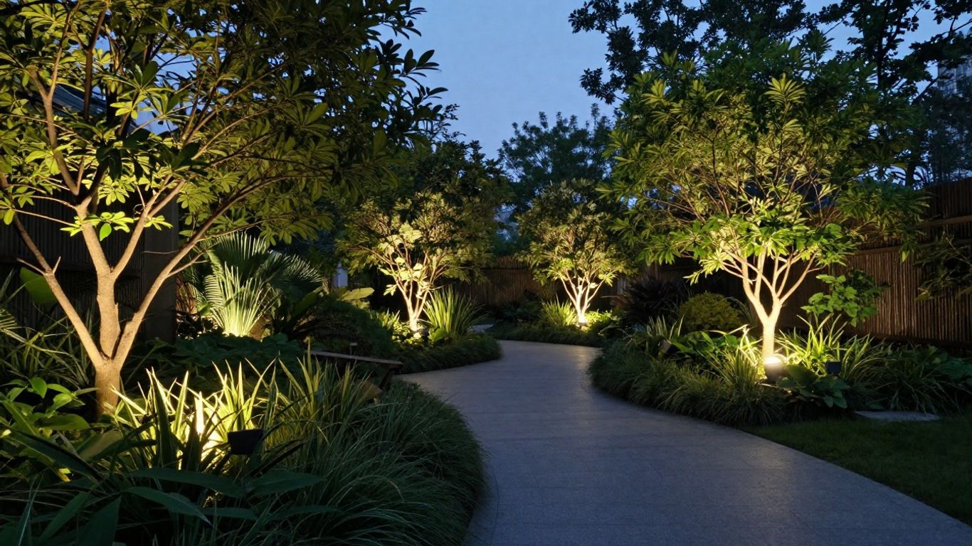 Garden illuminated by warm low voltage lights at dusk.