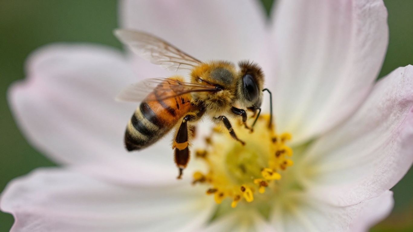 Biene mit Pollen auf welkender Blume, Bestäubungsproblem.