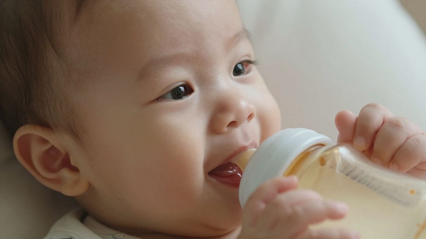 Bebé feliz con biberón de leche sin lactosa.