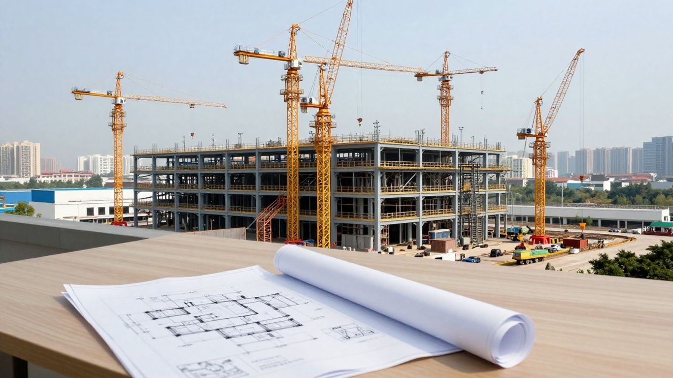 Industrial plant expansion with cranes and construction.