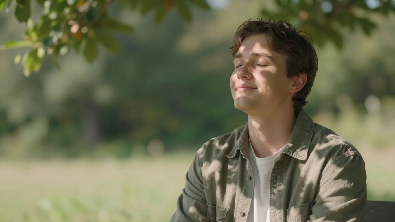 Persoană relaxată în natură, cu ochii închiși, savurând liniștea.