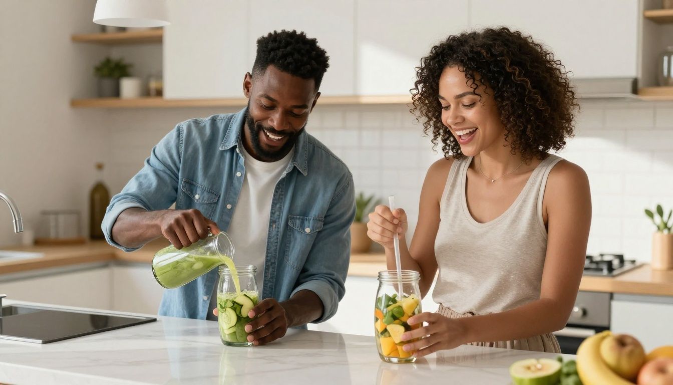 A man and a woman in their late 30s, one Black and one White, preparing healthy post-workout smoothies in a sunlit kitchen, looking energized and focused.
