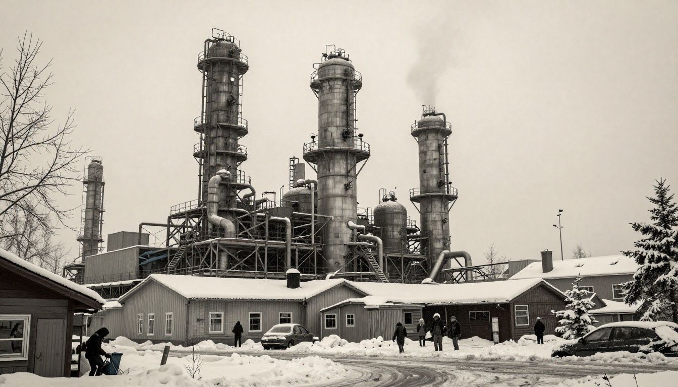 Cidade congelada de Frostpunk 2 com geradores, torres industriais e sobreviventes enfrentando uma nevasca