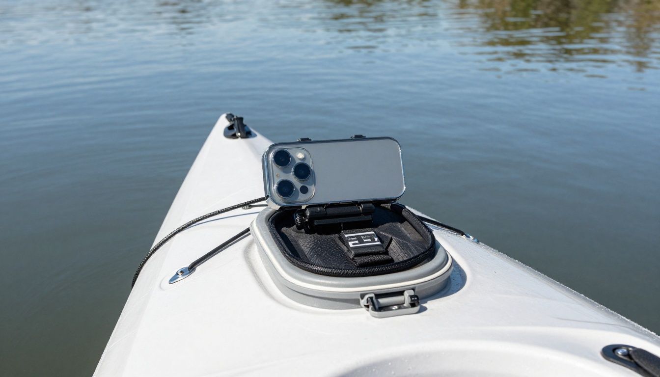 A kayaker paddling on a calm river in Australia, with their iPhone 16 Plus mounted on the kayak in a waterproof case.