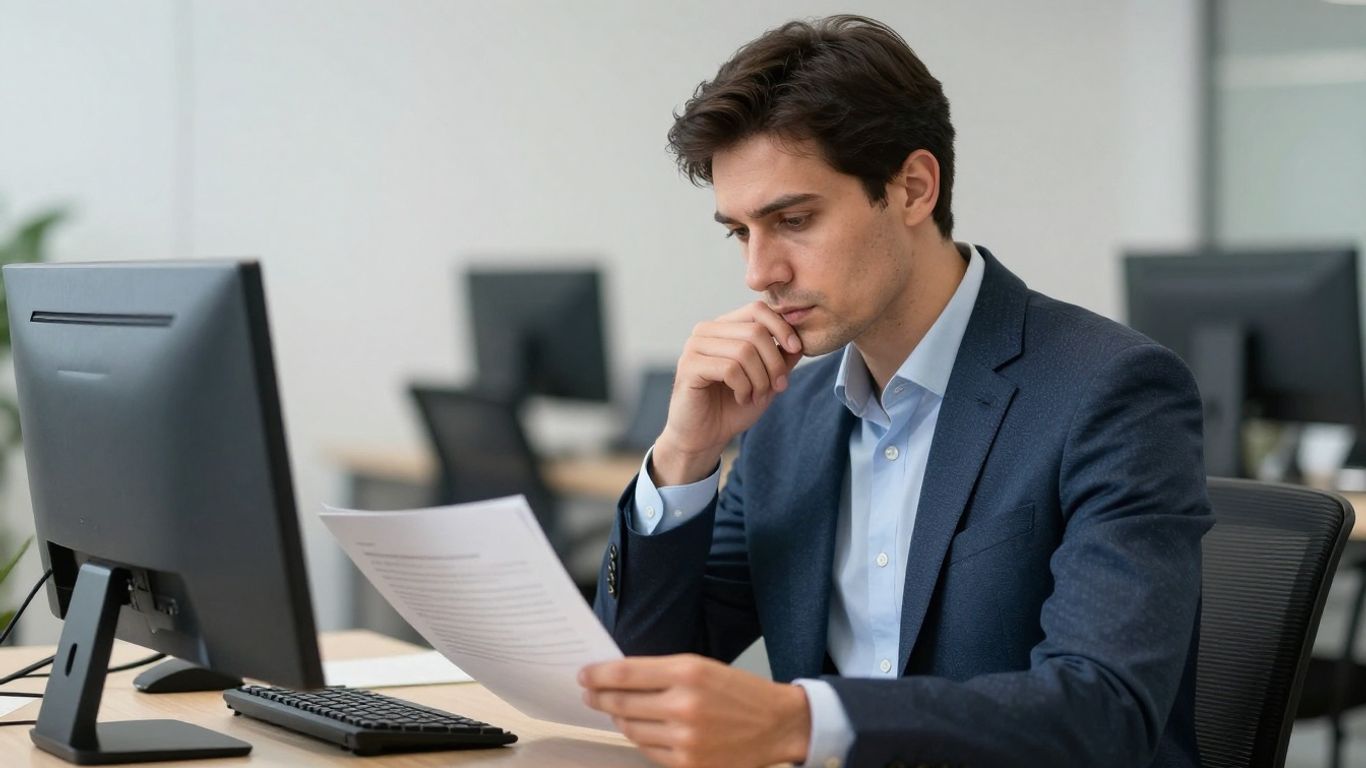 Mann im Büro prüft Dokumente, blaue Akzente.