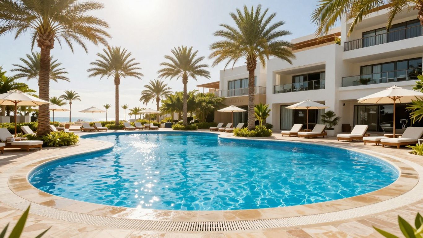 Resort pool with palm trees and modern architecture.