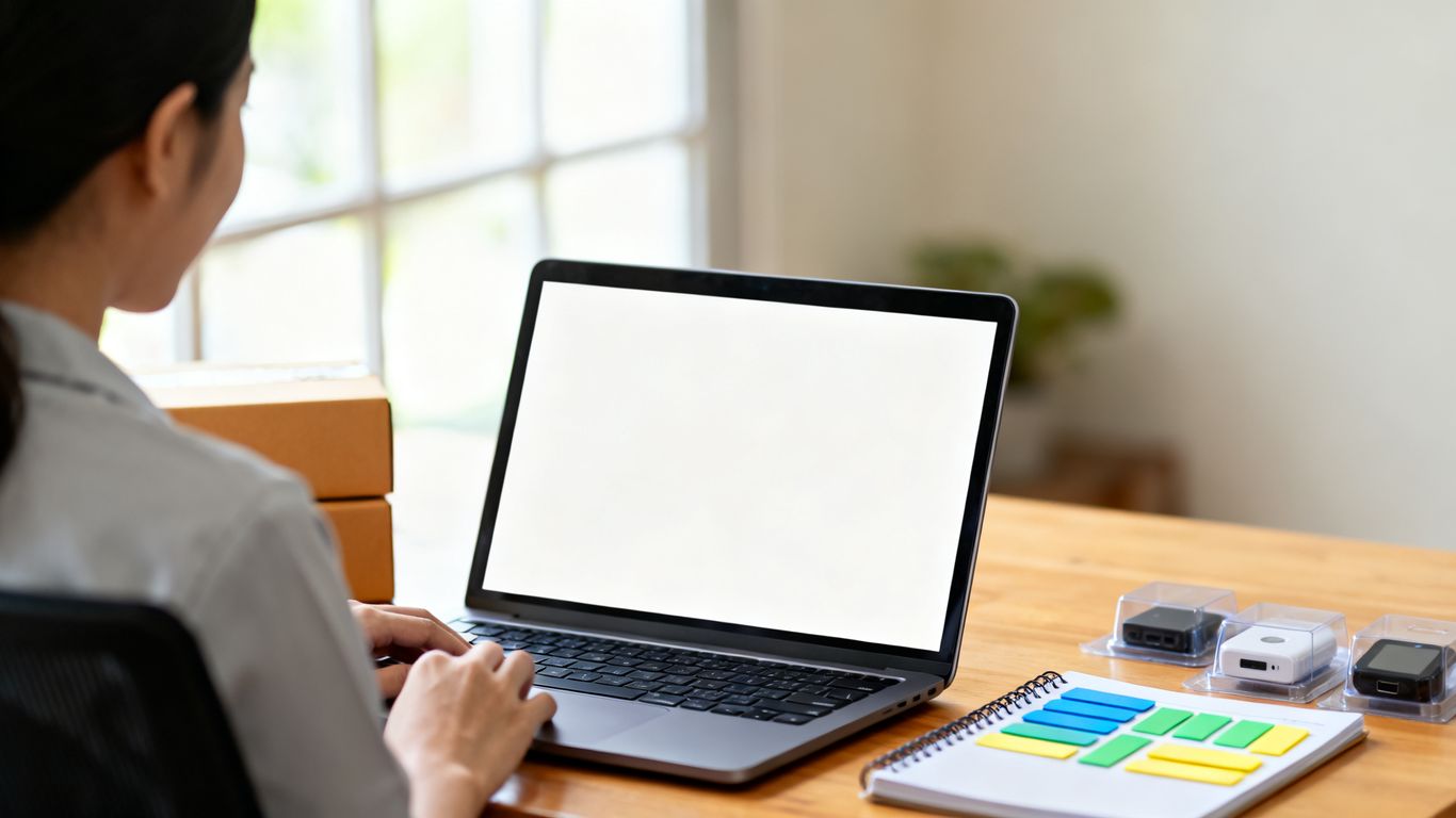Seller reviewing Amazon keyword research on laptop
