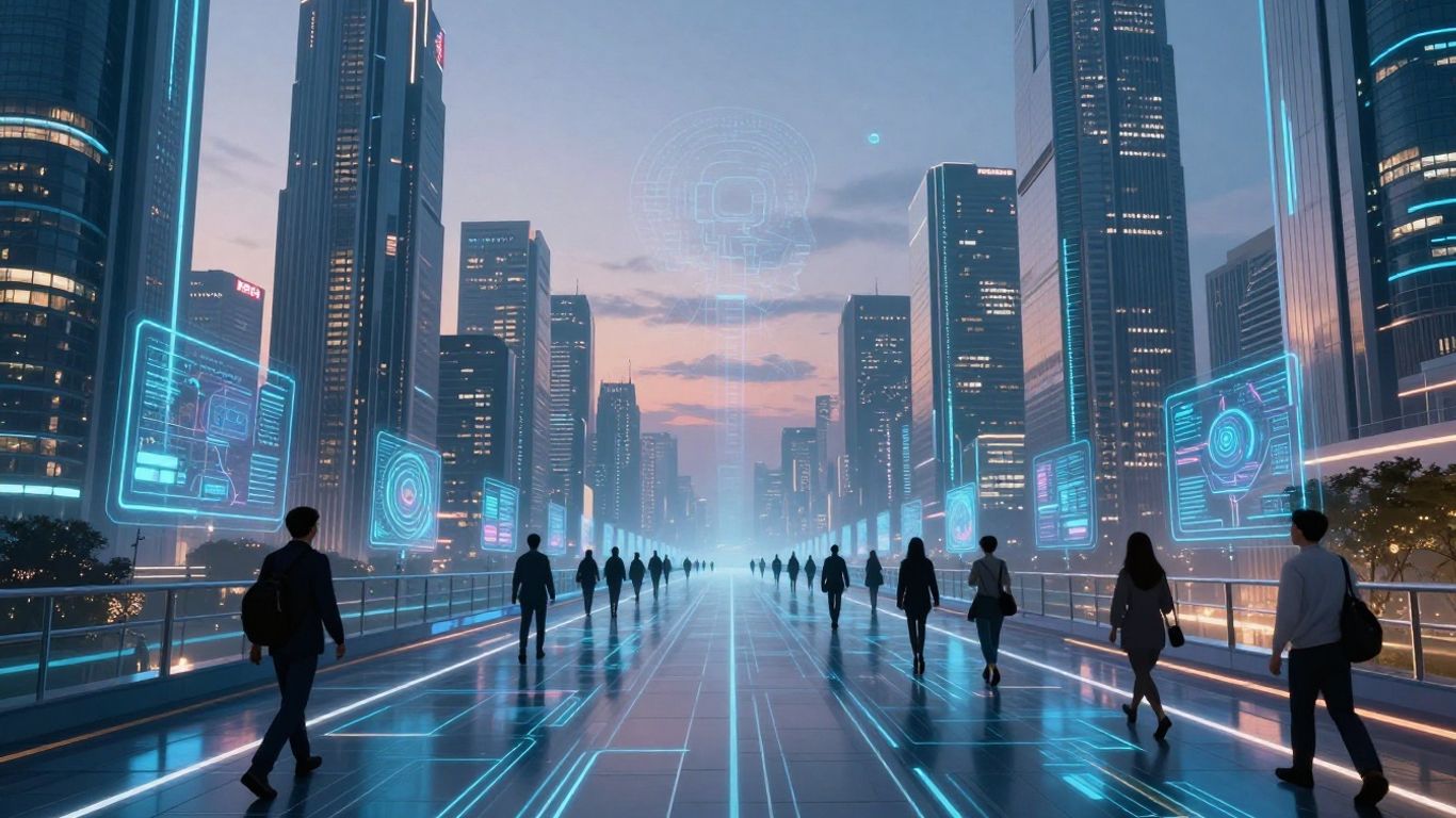 Futuristic city with AI integration and diverse people.