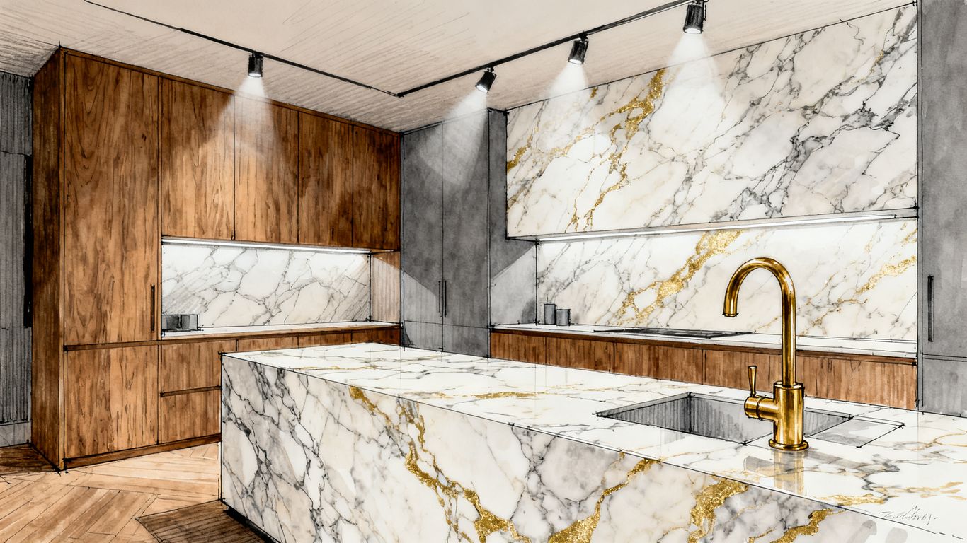 Calacatta Gold marble coordinated with cabinetry and brass