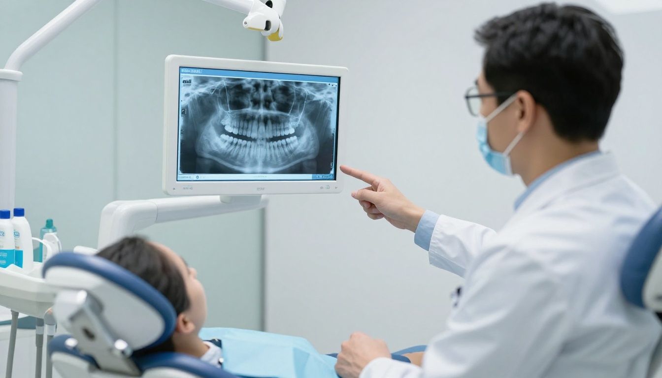 A dentist pointing to a dental x-ray on a screen, explaining a treatment plan to a patient in a modern dental clinic.