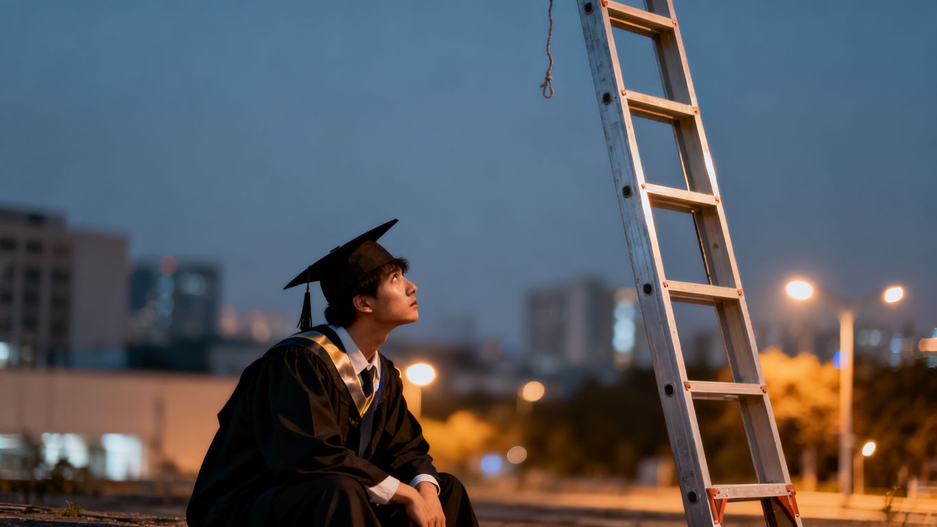 Dejected graduate looking up at a pulled-up career ladder.