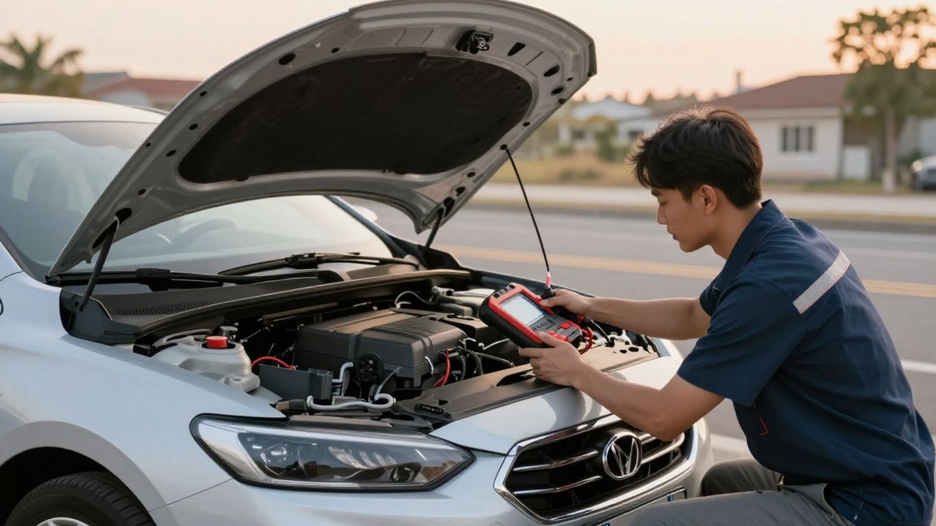 Mobile mechanic working beside parked vehicle
