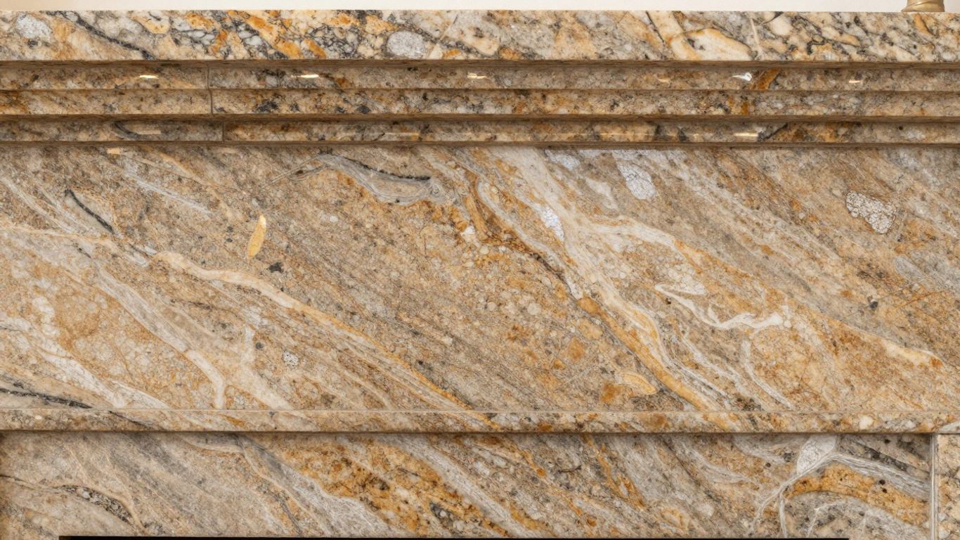Polished granite hearth with natural veining.