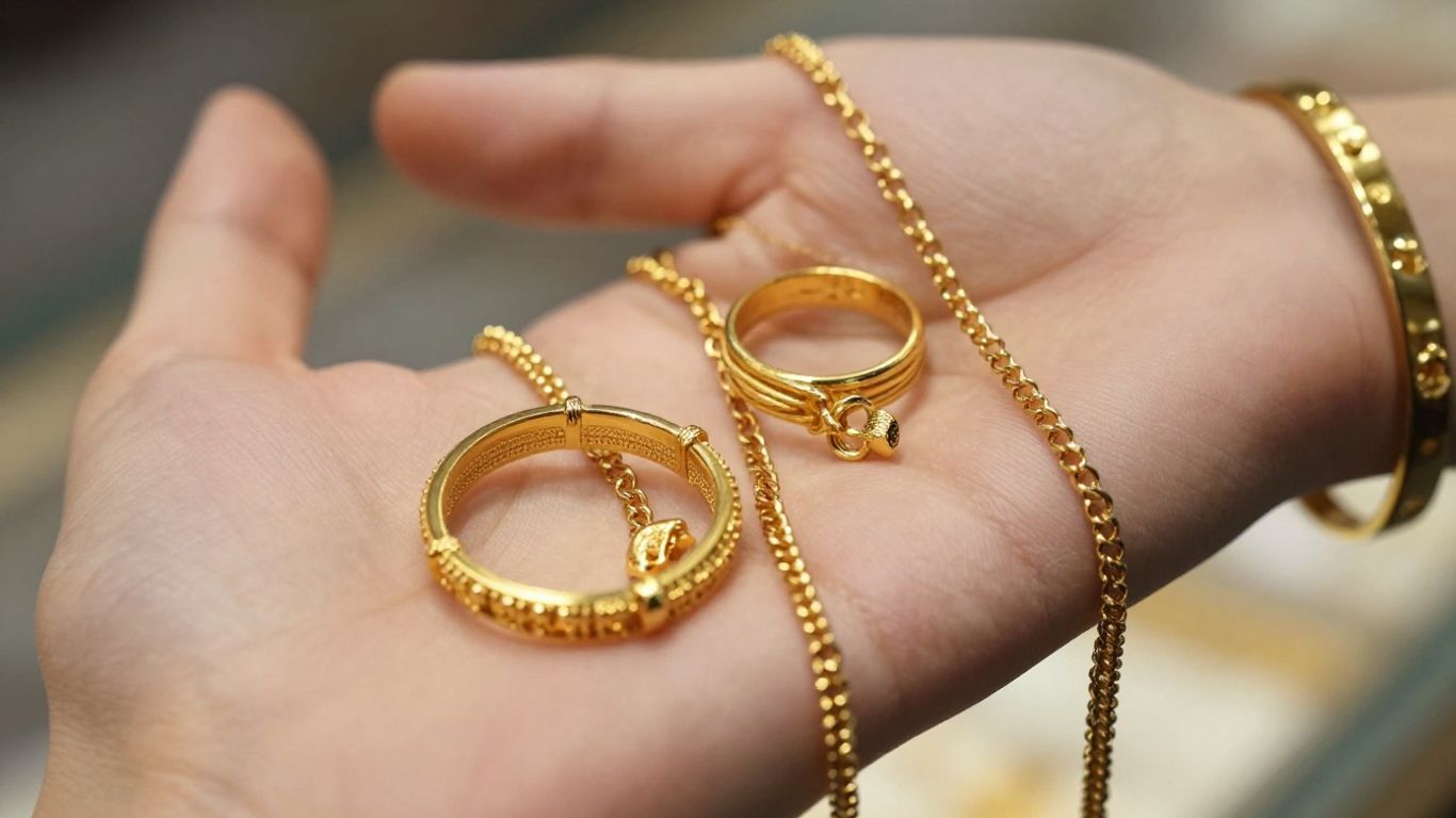 Main d'une personne tenant des bijoux en or.