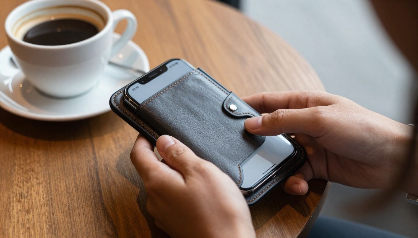 Someone paying for a coffee at a Melbourne cafe by tapping their iPhone, which is housed in a sleek leather wallet case.